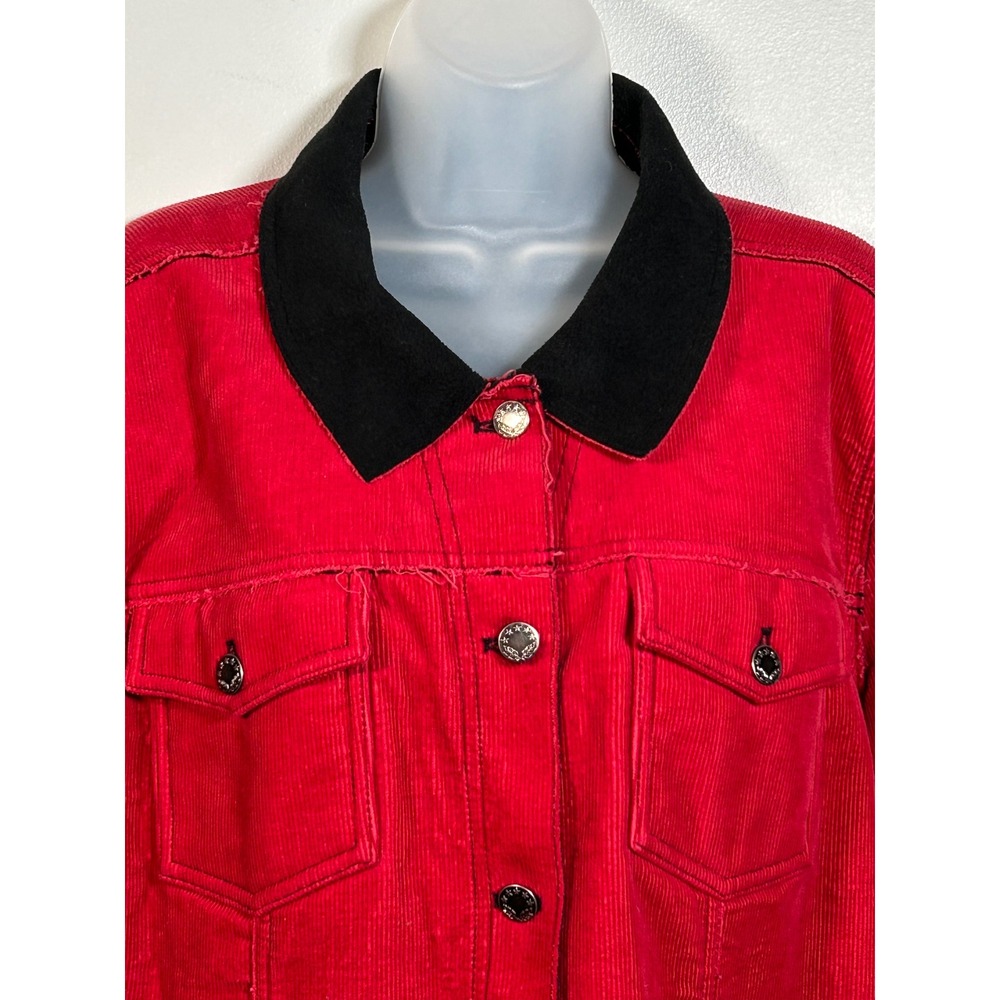 Denim & Co Womens Red Corduroy Trucker Jacket Contrast Collar Raw Hem Western XL - Picture 3 of 8
